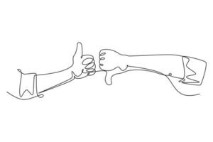 Single one line drawing of young male arm hands with thumbs up and thumbs down sign gesture. Good and bad symbol icon template concept. Modern continuous line draw design graphic vector illustration