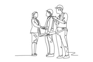 Continuous one line drawing young business woman and architect builder wearing construction vest helmet handshake to deal project. Great teamwork. Single line draw design vector graphic illustration