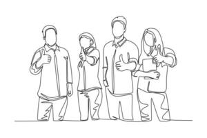 Single continuous line drawing group of happy college students giving thumbs up gesture after studying together at campus library. Learn and study in university life. One line draw vector illustration