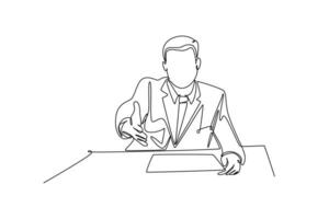 Single one line drawing young businessman make handshake gesture to his colleague at office. Business meeting concept. Successful worker. Modern continuous line draw design graphic vector illustration