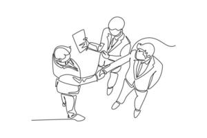 Single continuous line drawing business man handshake his colleague or partner to deal a project. Business teamwork meeting at office concept. Dynamic one line draw graphic design vector illustration