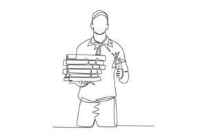 Single one line drawing of happy pizza delivery man gives thumbs up gesture before deliver package to customer. Food delivery service business. Continuous line draw design graphic vector illustration