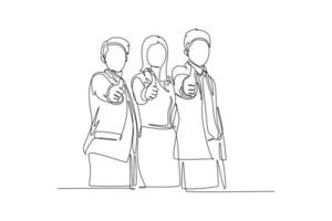 Single continuous line drawing of young happy businessmen and businesswoman stand up and giving thumbs up gesture together. Business teamwork building. One line draw graphic design vector illustration