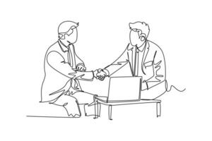 Continuous one line drawing of attractive business men handshake his partner or colleague to deal a project. Business meeting with laptop at office. Single line draw design vector graphic illustration