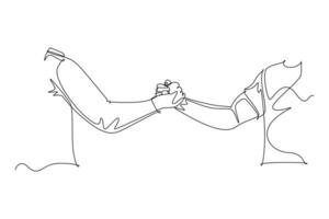 Single continuous line drawing of two men wearing shirt handshaking to show sportsmanship at match field. Teamwork together in sport concept. Dynamic one line draw graphic design vector illustration