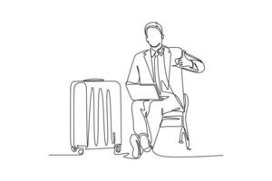 Continuous one line drawing young happy businessman giving thumbs up gesture while opening the laptop waiting in airport. Business travel journey. Single line draw design vector graphic illustration