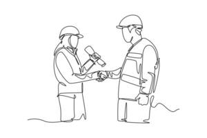 Single one line drawing of architect woman and builder foreman wearing construction vest and helmet handshake to deal a project. Great teamwork. Continuous line draw design graphic vector illustration