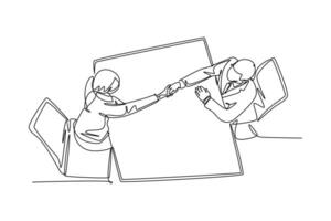 Single continuous line drawing young manager handshake his female worker to congratulate her dealing big project. Business agreement concept. Dynamic one line draw graphic design vector illustration