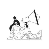 Masterful HR specialist woman holding a megaphone in her hands. HR topic. Linear black and white style. vector