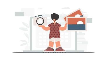 The person holds a camera and photographs in his hands. The concept of rest and travel. Trendy style, Vector Illustration