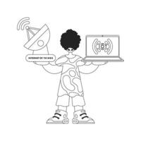 He has an antenna and a laptop for working with IoT data in a vector linear manner