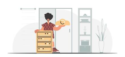 A woman is holding a bag and standing next to a stack of boxes vector