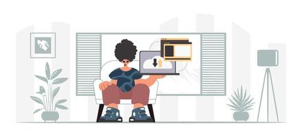 A woman sitting in a chair with a laptop vector
