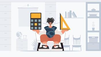 The person is holding a ruler and a calculator, learning subject. Trendy style, Vector Illustration