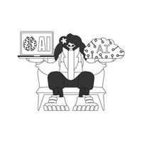 A black and white illustration of a person sitting on a chair with a laptop vector