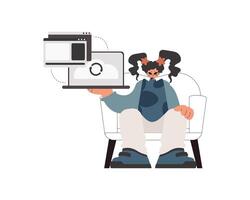 A man sitting in a chair with a laptop vector