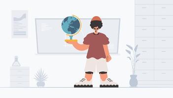 The person is holding a colossal globe, the subject of learning. Trendy style, Vector Illustration