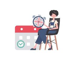 Girl, a calendar with a marked date and a clock. The concept of learning English. Isolated. trendy style. Vector illustration.