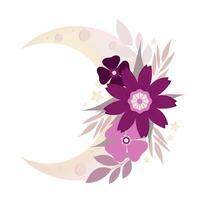 Flower composition with a moon. Vector illustration of the moon and flowers.