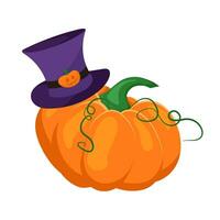 Pumpkin. A bright orange pumpkin in a purple hat. Halloween pumpkin illustration vector
