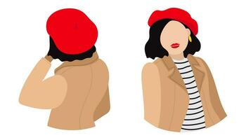 Frenchwoman. French girl silhouette. The girl in the red beret. Young woman vector