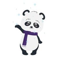 Panda. Panda in a scarf catches the first snow vector