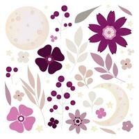 Set of decorative elements of flowers and twigs. Vector set of elements. Flowers. Twigs.