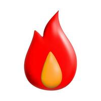 3d render fire emoticon emoji isolated on white background. Volumetric blown vector illustration of flames in red color, bright icon.