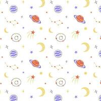 Space pattern, seamless background for textiles, packaging and children's bedding. Cosmic pattern in the style of flat, planets and comets, stars and galaxies. vector