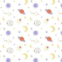 Space pattern, seamless background for textiles, packaging and children's bedding. Cosmic pattern in the style of flat, planets and comets, stars and galaxies. vector