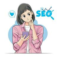 A young girl is using her phone to optimize SEO. Vector illustration free download