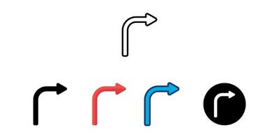 right turn arrow icon set with 5 different types of styles, line, color outline, flat color, round, black fill. vector