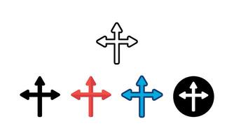 Arrow direction icon with three road options. Path selection. Road junction,3 way on intersection icons set with 5 different types of styles, line, color outline, flat color, round, black fill. vector