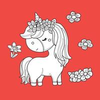 linda unicornio manguera animal imaginación dibujos animados digital sello contorno vector
