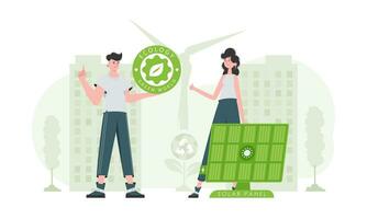 Man and woman and solar panel. The concept of solar energy. Vector illustration.