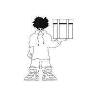 Man grips box. parcel delivery. Linear illustration in . vector