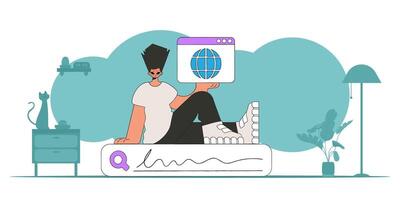 The concept of searching for information. The guy sits on the search bar and holds a browser window in his hands. Retro style character. vector