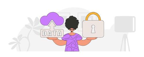 Person with cloud storage and padlock, modern character style. vector