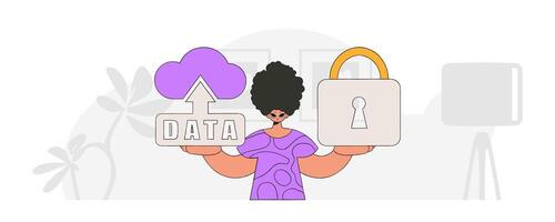 Person with cloud storage and padlock, modern vector character style.