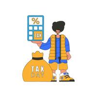 A fashionable man holds a calculator in his hand Tax payment theme. vector