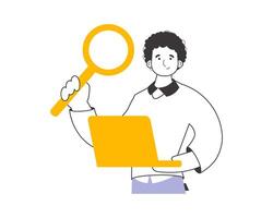 The guy holds a magnifying glass and a laptop in his hands. Job Search Theme. H.R. Linear modern style. Isolated. Vector. vector