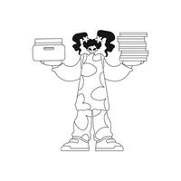 Girl holds stacks of docs. Simple visuals. art. vector