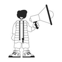 Proficient HR specialist man holding a megaphone in his hands. HR topic. Linear newspaper black and white style. vector