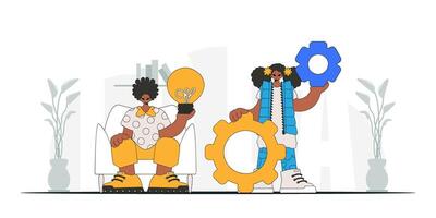 Attractive team generates ideas and solves problems. Light bulb and gears in their hands. Illustration on the theme of the appearance of an idea. vector