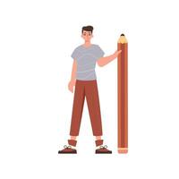 The guy is holding a pencil. Trend style character. vector