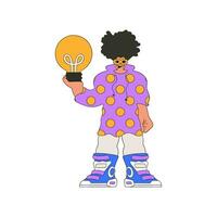 Gorgeous man holding a light bulb in his hands. Idea theme. vector