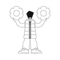 A man holds gears in his hands. Linear illustration depicted in a vector format.