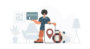 The fellow is holding a bank card and a phone with a area. The concept of rest and travel. Trendy style, Vector Illustration