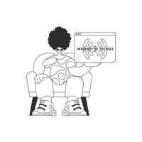 A man with a logo of the Internet of Things, depicted in a linear style vector