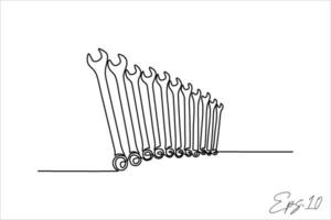 Continuous line art drawing of wrench set vector